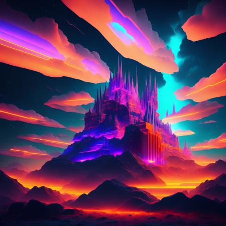 (neoncitadel style:1) Neon Citadel with a storm cloud above it <lora:djzNeonCitadelV21_LoraBooth:1>