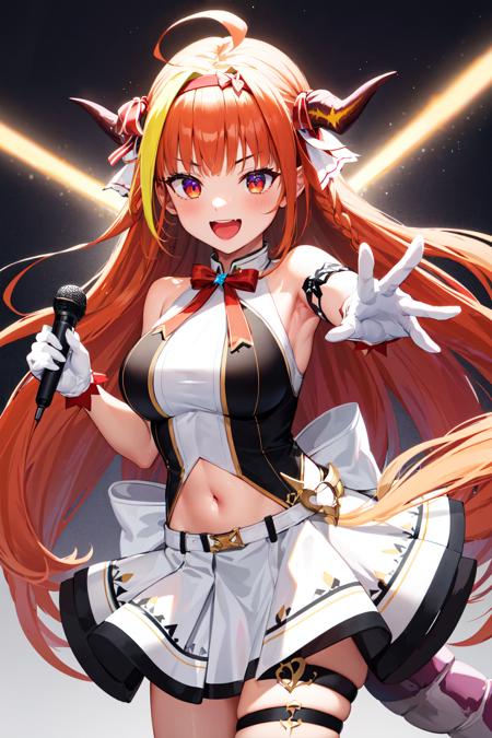 hmcoco, long hair, streaked hair, single braid, black hairband, horn bow, dragon tail, black jacket, white shirt, collared shirt, cleavage cutout, brooch, red skirt, single thighhigh, thigh strap, asymmetrical legwear hmcoco, twintails, streaked hair, horn bow, necklace, collarbone, bare shoulders, partially unzipped, red jacket, track jacket, long sleeves, white camisole, frills, cleavage cutout, black thighhighs