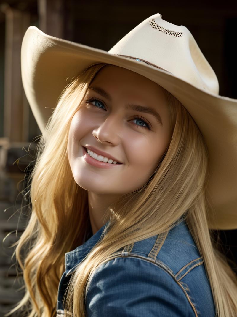 A smiling blonde woman in a cowboy hat.
