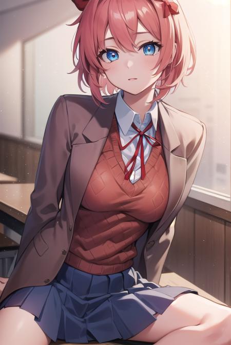 ddlcsayori, <lora:ddlcsayoritest:1>,
ddlcsayori, blue eyes, hair between eyes, hair bow, hair ornament, pink hair, red bow, short hair,
BREAK blue skirt, pleated skirt, school uniform, skirt, brown jacket, jacket,
BREAK looking at viewer,
BREAK indoors, classroom,
BREAK <lora:GoodHands-vanilla:1>, (masterpiece:1.2), best quality, high resolution, unity 8k wallpaper, (illustration:0.8), (beautiful detailed eyes:1.6), extremely detailed face, perfect lighting, extremely detailed CG, (perfect hands, perfect anatomy),