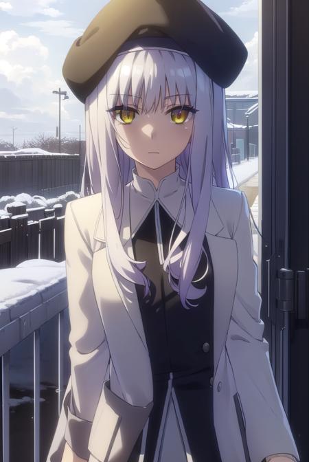 caren hortensia, long hair, (yellow eyes:1.3), white hair, sidelocks, hat, beret, labcoat, (white labcoat:1.2),