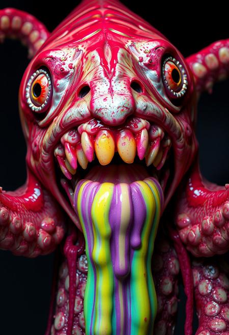 teeth, brains, splooge, goober, inverted neon rainbow drip paint, trending on art station, photoreal, 8 k, octane render by greg rutkowski,  cthulhu, fish, squid, octopus, tentacle, blood, guts, spit, spittle phlegm, nightmare, scary, killer, ooze, ripped flesh  covered in scales, made of scales