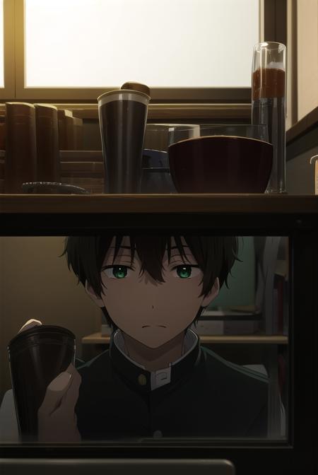 houtarouoreki, <lora:houtarou oreki s1-lora-nochekaiser:1>,
houtarou oreki, short hair, bangs, black hair, hair between eyes, (green eyes:1.5), male focus,
BREAK school uniform, gakuran,
BREAK indoors, classroom,
BREAK looking at viewer, (cowboy shot:1.5),
BREAK <lyco:GoodHands-beta2:1>, (masterpiece:1.2), best quality, high resolution, unity 8k wallpaper, (illustration:0.8), (beautiful detailed eyes:1.6), extremely detailed face, perfect lighting, extremely detailed CG, (perfect hands, perfect anatomy),