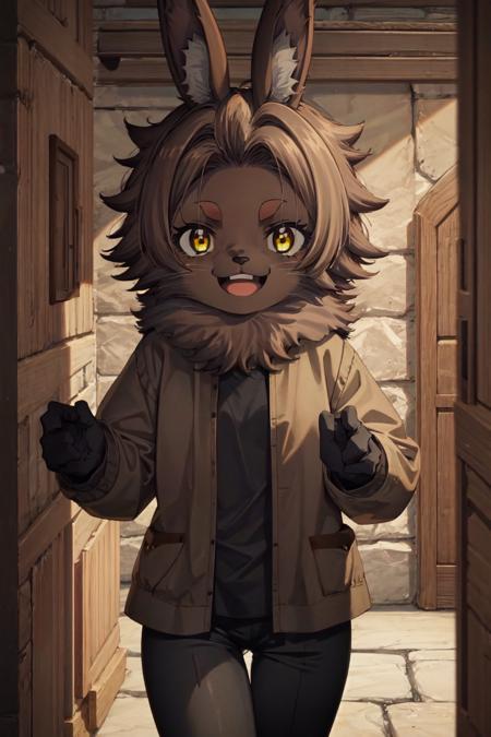 Bilac, 1girl, furry, rabbit girl, animal nose, rabbit ears, brown fur, body fur, short hair, yellow eyes, brown hair orange pants, puffy pants, bandages, suspenders