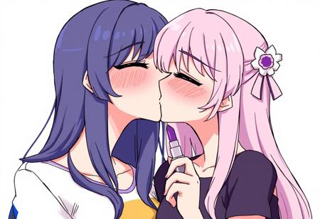 There are two females drawn in an anime style. Both of them have long hair with an ornament. They are dressed casually. They both wear bright, colorful makeup. They both have deep purple lipstick on. They are kissing each other passionately. Their purple lips are the focus of the image. One of them is holding a tube of lipstick.