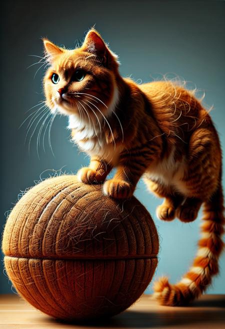 Ultrarealistic. sharp focus, dynamic lighting. play of light, reflection, refraction, Raytracing, Ultra detailed. A cat on top of a ball made of pamcocomat.