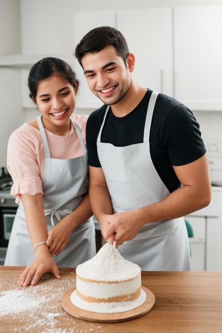 Cheerful young woman and man mixing flour, on a table. "Isolated on white background", "wide shot", apron, sri lankan, uncropped, looking at the cake, holding a cake