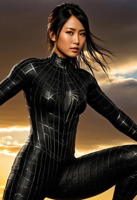 score_9, score_8_up, score_7_up, best quality, realistic, masterpiece, beautiful detail, hyperrealistic, afternoon sky, ((1girl, woman body, big breasts)), amazing detailed full body portrait of a beautiful japanese girl, wearing a realistic and highly detailed black raimi spider-man suit, ((huge muscular girl)), professional model wears ultra - detailed black raimi spider - man suit, ultra - detailed and grained black raimi spiderman suit, suit covered entire body and hand, black spiderman gloves, wet, (spread leg), (full body), (dirty skin), close up, octane render, highly detailed, volumetric, dramatic lighting, (highest quality:1.1), (HDR:1.3), (top quality, best quality), realistic, high definition, Expressionism - sharp focus, professional photography, masterpiece, ultra detailed photograph, high quality, 8k,