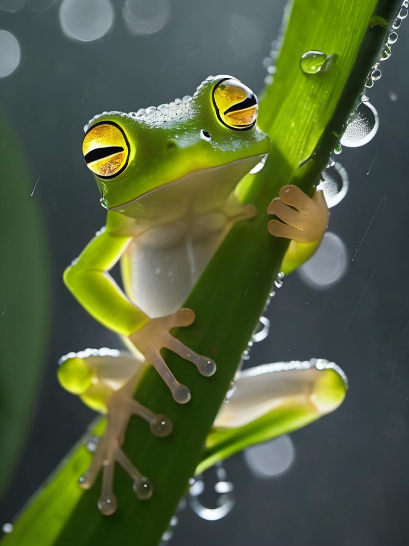 A green frog with yellow eyes sitting on a plant.