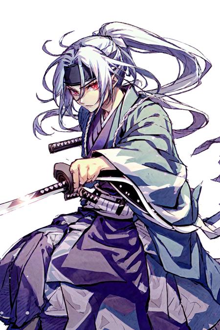 Hijikata Toshizou,  fighting stance,  hakama,  hakama skirt,  haori,  headband,  holding,  holding sword,  holding weapon,  japanese clothes,  katana,  kimono,  long hair,  ponytail,  red eyes,  shinsengumi,  simple background,  sword,  weapon,  white background,  white hair, <lora:EMS-46732-EMS:1.000000>