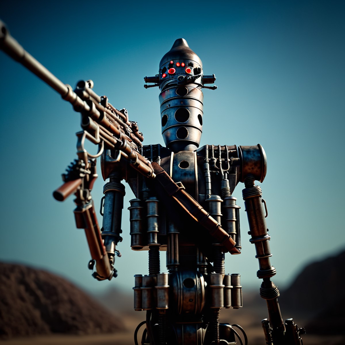 cinematic film still of  <lora:IG-88:1>
IG-88 droid a robot with a gun and a light on In Star Wars Universe, solo, weapon,...