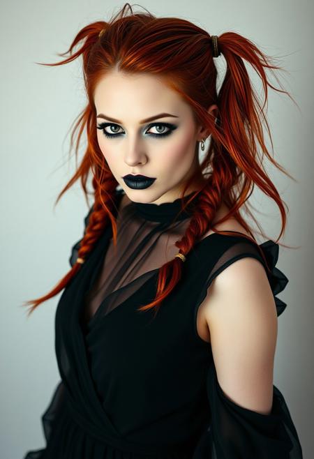 A stunning 25-year-old woman with flowing, fiery red hair styled in long, loose, high pigtails that cascade down her back. Her pale skin is contrasted by dramatic, smoky eye makeup, smudged and smeared with a touch of rebellious sensuality. Her deep, matte black lipstick is smeared across her lips, creating a bold, imperfect look that exudes confidence and allure. She wears a flowing, elegant gothic dress that accentuates her curves. With a sensual yet dominant gaze, she steps forward, inviting the viewer into her world of darkness and allure.