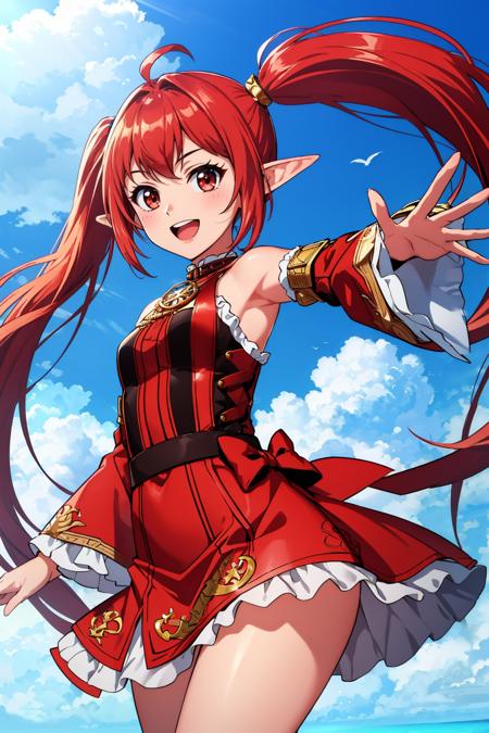 dnfBattleMage, twintails earrings, black and red dress, detached sleeves, red skirt, boots