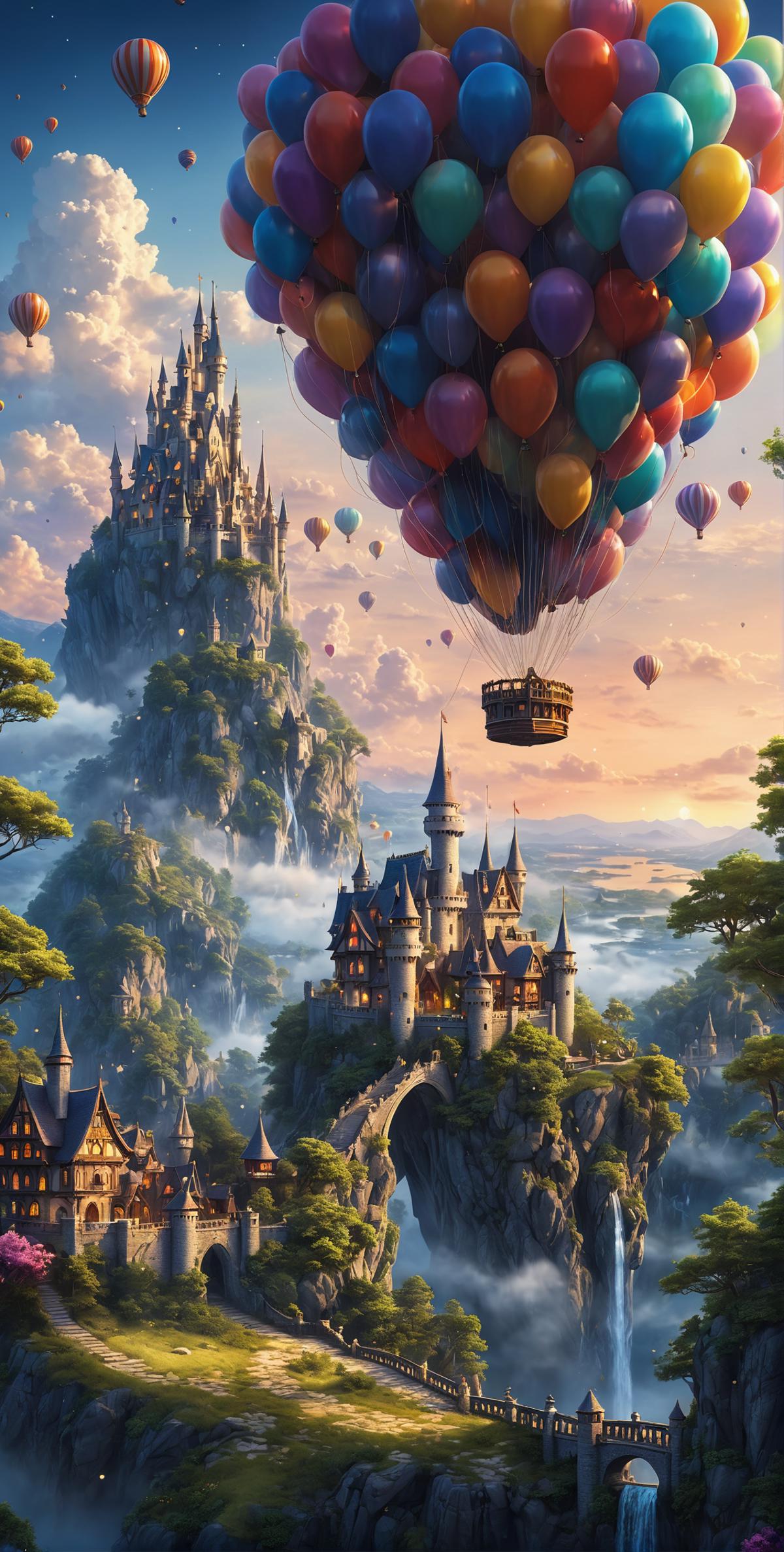 A colorful hot air balloon flying over a castle with a moat and a forest in the background.
