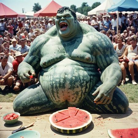 A stunning impactful action documentary color photograph. a morbidly obese incredible hulk competing in the 1956 county fair Watermelon eating contest. cinematic still, Leica M3, Kodachrome, 28mm lens, Movie Still, Film Still, Cinematic, Cinematic Shot, Cinematic Lighting,