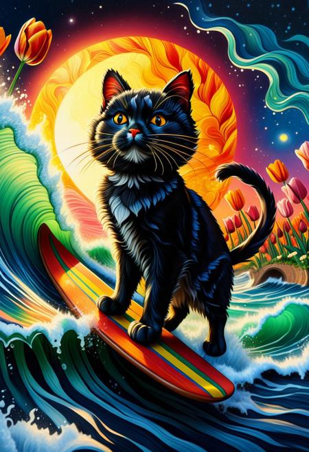 A dynamicoil painting of a cat Surfer, with metallic shimmering fur, riding barefoot his majestic board through a (cosmic wave made of tulip:1.5) background. Include a golden sun and a glowing star. Use strong light and shadow contrasts and hatching to emphasize the movement and drama of the scene. The cat Surfer should be placed centrally in the composition, with bold lines and intense colorfull tones to highlight his powerful pose and the expansive scenery, (a wave made of tulips:1.5),
This style merges comic-book boldness with classic animation’s charm. Characters have sharp, inked outlines, dramatic shadows, and fluid curves, moving with cartoonish elasticity but striking graphic-novel poses.
Backgrounds resemble painted storybooks—watercolor forests or ink-washed cities—lit by high-contrast drama. Deep blacks meet vibrant colors, blending grit and whimsy.
The palette shifts from moody monochrome to dreamlike hues, evoking noir comics and vintage animation. Each frame balances graphic rawness with hand-drawn polish, feeling nostalgic yet fresh—a fairy tale through a pulp-adventure lens.