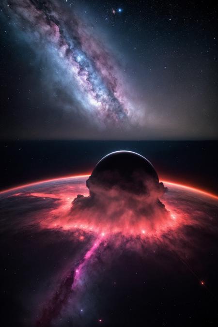 Stunning realistic photo of a planet exploding, cosmic event, outer space, destruction, astronomical, by NASA or Hubble, high-resolution, detailed, dynamic lighting, fiery explosion, vivid colors, astrophotography, cinematic, epic, wide-angle shot, (intense) atmosphere, dark background, stars, DSLR or telescope capture, 4k or higher resolution, (expansive) composition, awe-inspiring, galaxy, interstellar, cosmic debris, breathtaking, long exposure, nebula, otherworldly