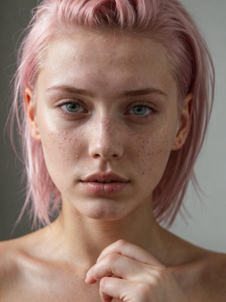 portrait of a 20 year old russian model with pink hair, beauty spots, no makeup, natural, freckles, posing, hard shadows, soft lighting, sharp focus, skin details
