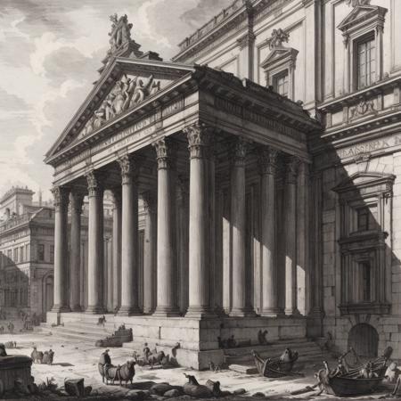 <lora:PIRANESI V1.1-000006:0.5>, masterpiece, best quality, PIRANESI, etching, classical architecture, outdoors, intricate detail, extremely detailed, best detail, traditional media, fine drawing