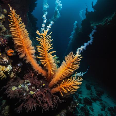 Illustrate the eerie, otherworldly environment of deep-sea hydrothermal vents. Show bioluminescent creatures, like giant tube worms and unusual fish, thriving in the dark, with plumes of black smoke rising from the seafloor.