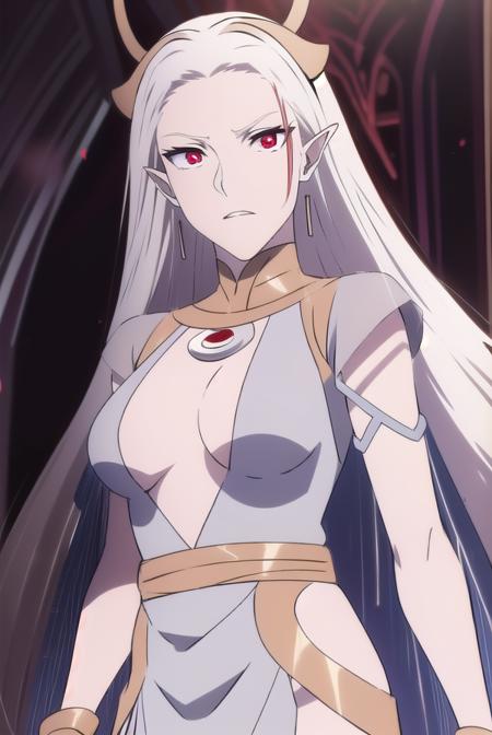 selemene, long hair, white hair, (red eyes:1.5)