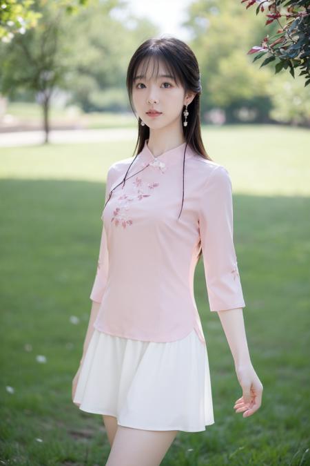 pink shirt,white skirt,