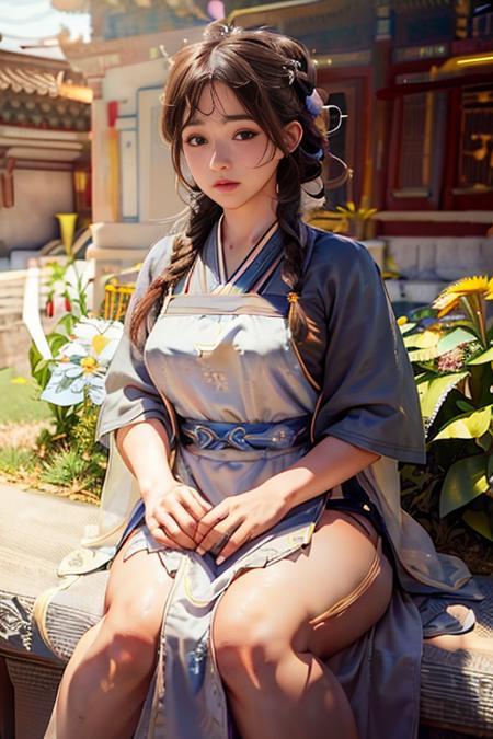 <(realistic:1.3), intricate details>, 1girl,a girl at building,(((building))),  braided bangs,braided ponytail,(solo:1.2),apron,thick thighs,side-tie panties, balck hair, 16yo,<lora:gugong:1>,looking at viewer, sunlight,hanfu, <lora:hanfu_v28:0.8>