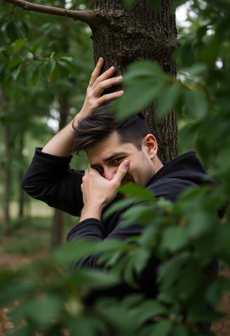 close-up of a man hugging a tree