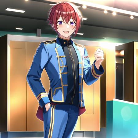 <lora:tsukasa_suouV22:0.8>, 1boy, idol, tsukasa_suou, solo, standing, red hair, short_hair, idol, smile, long sleeve, pants,