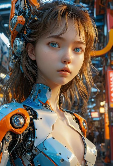 This exceptional masterpiece boasts unparalleled quality, showcasing extreme detail and hyper-realistic elements. The scene features a stunning, 18-year-old girl with perfect features, a slim body, and flawless skin. Her detailed eyes and natural beauty captivate the viewer, while the mecha in the background adds a futuristic touch. The image's vibrant colors and low-angle perspective make this a truly remarkable work of art.