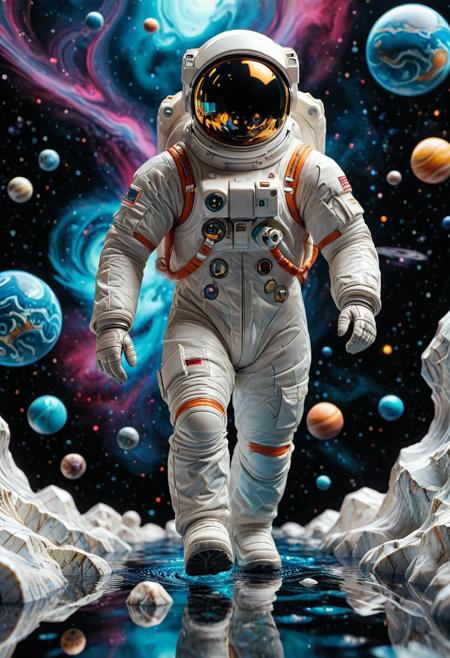 8k, Tilt shift photography style, a lowpoly astronaut, mirror visor, running gracefully, ( Unmanned:1.2), in psychedelic mix of colors Liquid Marble ground, planets, , nebula background,