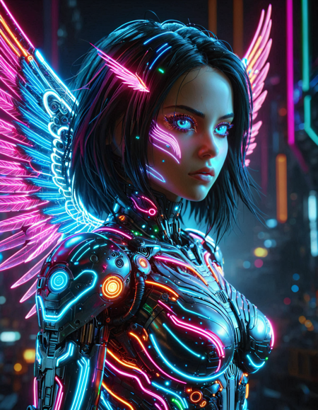 colorful LED lights, battle angel alita with wings flying, hair made of neon and led, beautiful face, beautiful eyes, facing sideways, mechanical body, futuristic, vibrant colors, neon lights, high quality, precise, high resolution, 4k, 8k <lora:ColourfulLED:1>,