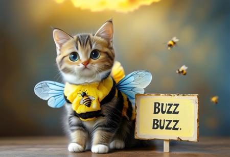 photorealistic 
a cute kitten with black fur, kitten is wearing a bee costume with bee wings,(((bees holding a sign that says "Buzz Buzz"))), sign thay says "Buzz Buzz", smile, yellow lightning, blue lightning 
1cat
highly detailed, aesthetic, great lighting, extremely detailed, award winning, perfect composition, a rich and complex image of nature, a vibrant tissue of hues and textures captured digitally, best quality, realistic, captivating, intricately detailed, hyper detailed, maximalist style, photorealist, sharp focus, dynamic lighting, superb composition, finest details, highest aesthetics, best quality, sharp focus, high contrast, stylized, clear, colorful, ultra quality, 8k, best quality, masterpiece,midjourneyv6.1
AP, no humans, animal focus, cat ,looking at viewer, animal,