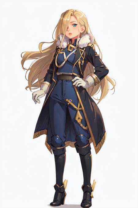 highres, sharp focus, pixiv masterpiece, ((intricate details)), highly detailed, olivier_mira_armstrong, 1girl, full body, (hair over one eye:1.2), blonde hair, long hair, lips, blue coat, jacket, military uniform, white gloves,<lora:Olivier Mira Armstrong v1_1:0.7> <lora:COOLKIDS_MERGE_V2.5:1>