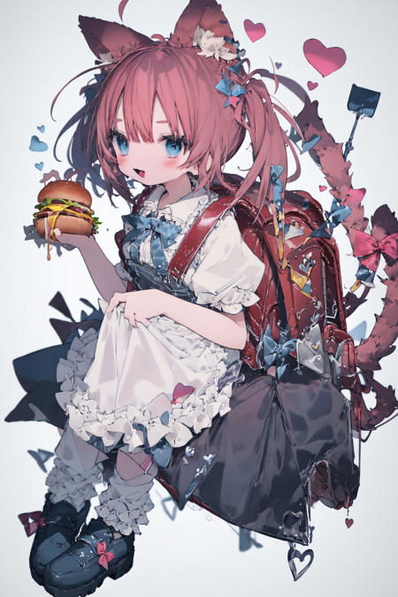 best quality, masterpiece, extremely detailed, detailed background, best quality, masterpiece, extremely detailed, detailed background, 1girl, animal ears, tail, red hair, solo, blue eyes, dress, food, ahoge, burger, randoseru, bow, bag, open mouth, backpack, tail ornament, white background, socks, blush, white socks, heart, cat ears, apron, twintails, simple background, cat tail, tail bow, looking at viewer, shoes, fork, full body, fang, animal ear fluff, frills, card, short sleeves, bowtie, cat, bangs, smile, black footwear, blue bow, tail ribbon, white apron, skirt hold, red bow