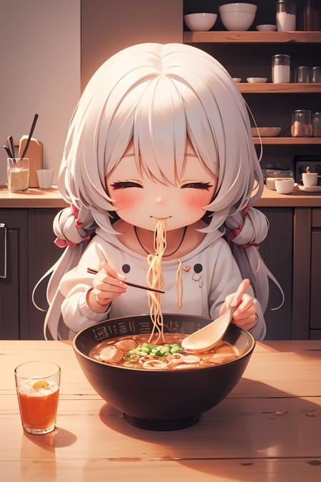 Cowboy Shot,beautiful and detailed illustration,pop art,masterpiece,best quality,ultra-detailed,soft lighting, 1girl,chibi, solo, cute face, kawaii, ramen, chopsticks, drinking glass, eating, heart, happy, closed eyes, closed mouth, <lora:ramen_v1.4:0.9>, kitchen,<lora:GoodHands-vanilla:1>,