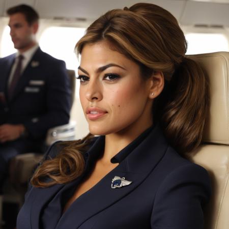 eva_mendes, <lora:EvaMendesXL:1>, ponytail, long hair, look at viewer, sitting, flight attendant uniform, high heel, airport, lounge, detailed background, ((sharp face, detailed face, realistic face, naturtal skin, realistic skin, detailed skin, pores)), ((perfect eyes, detailed eyes,realistic eyes))