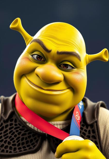 Shrek, in his iconic outfit, is celebrating the gold medal in the olympics. It's a close up shot of Shrek face, with a smile and some tears, he's looking towards the camera, as if posing for a picture, the gold medal close to his face.