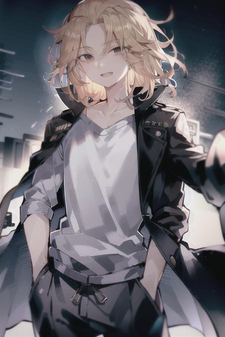 high detailed, 8k, highres, mikey, manjiro_sano, tokyo_revengers, 1boy, solo, black pants, male focus, shirt, blonde hair, open mouth, pants, smile, white shirt, black eyes, cowboy shot, hands in pockets, looking at viewer, standing, jacket, medium hair, black jacket, black coat, coat, :d, collarbone, coat on shoulders, grey shirt