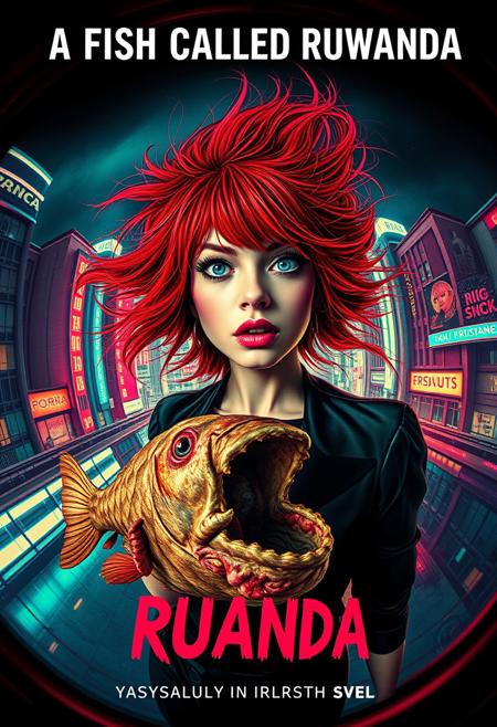 “A bold and vibrant futuristic book cover for a novel titled A Fish Called Ruanda. The artwork captures the essence of a B-movie thriller with a quirky, girly twist. The scene is viewed through the distortion of a fish-eye 12mm cinema prime lens, emphasizing a surreal, exaggerated perspective. The central focus is a glamorous but eerie young woman with wild, unkempt red hair, set against a neon-soaked, dystopian cityscape. A decrepit, rotting fish floats ominously nearby, symbolizing the novel’s ‘very rotten climax.’ The subtitle is prominently displayed in Polish, adding a unique cultural flair. The design is gritty yet chic, blending retro-futurism with a touch of campy humor, evoking intrigue and trendsetting vibes.”