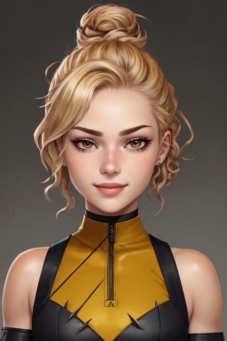 (eye level, closeup on face:1.2) photo of <lora:GeorgiaEllenwood_v3:.9> GeorgiaEllenwood,
smiling,
she is wearing dotera,
she is wearing spiked gloves,
her hair is styled as Curly Messy Bun,
BREAK she is (presenting a business proposal:1.1),
direct flash photography,
Kodak Vision3 IMAX
,