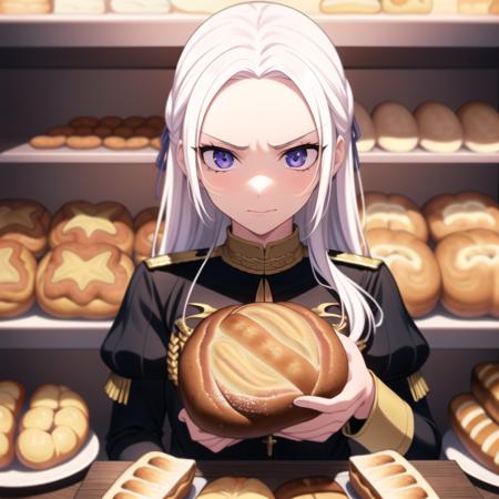 1girl, highres, masterpiece, full body, solo, anime, absurdres, detailed face, perfect eyes, edelgard von hresvelg, upper body, garreg mach monastery uniform, baking, serious, bread, bakery,