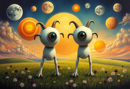 two-headed cyclops sock-puppet-alien creature with three legs, each with one central eye, hoofs, round body white skin, meadow background, multiple multi-colored suns and moons of various sizes, in the style of a fantasy painting
