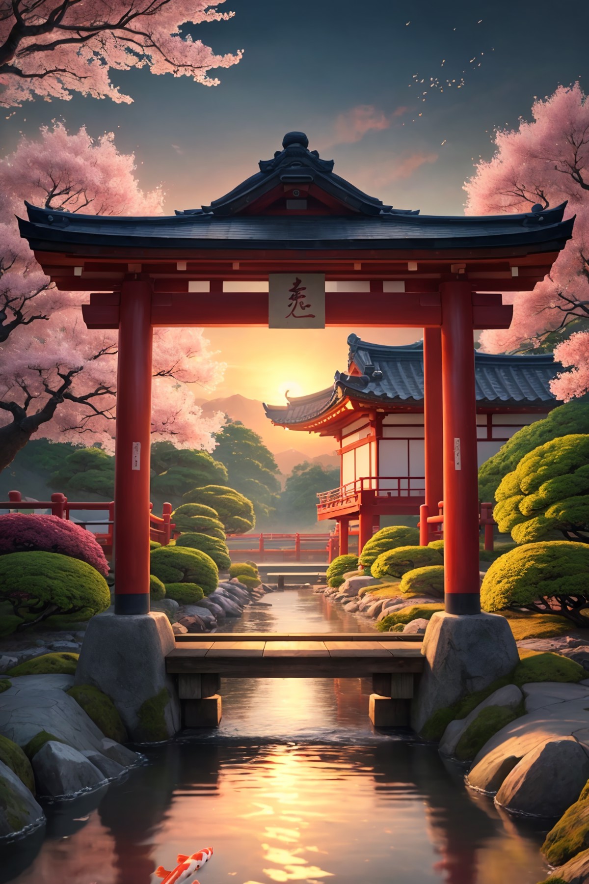 (digital painting),(best quality), serene Japanese garden, cherry blossoms in full bloom, koi pond, footbridge, pagoda, Uk...