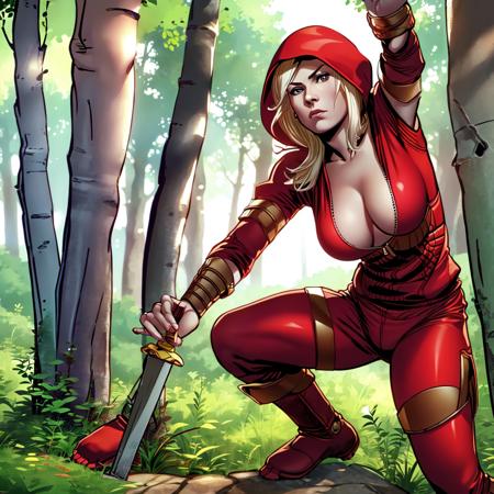 woman, red outfit and hood holding sword