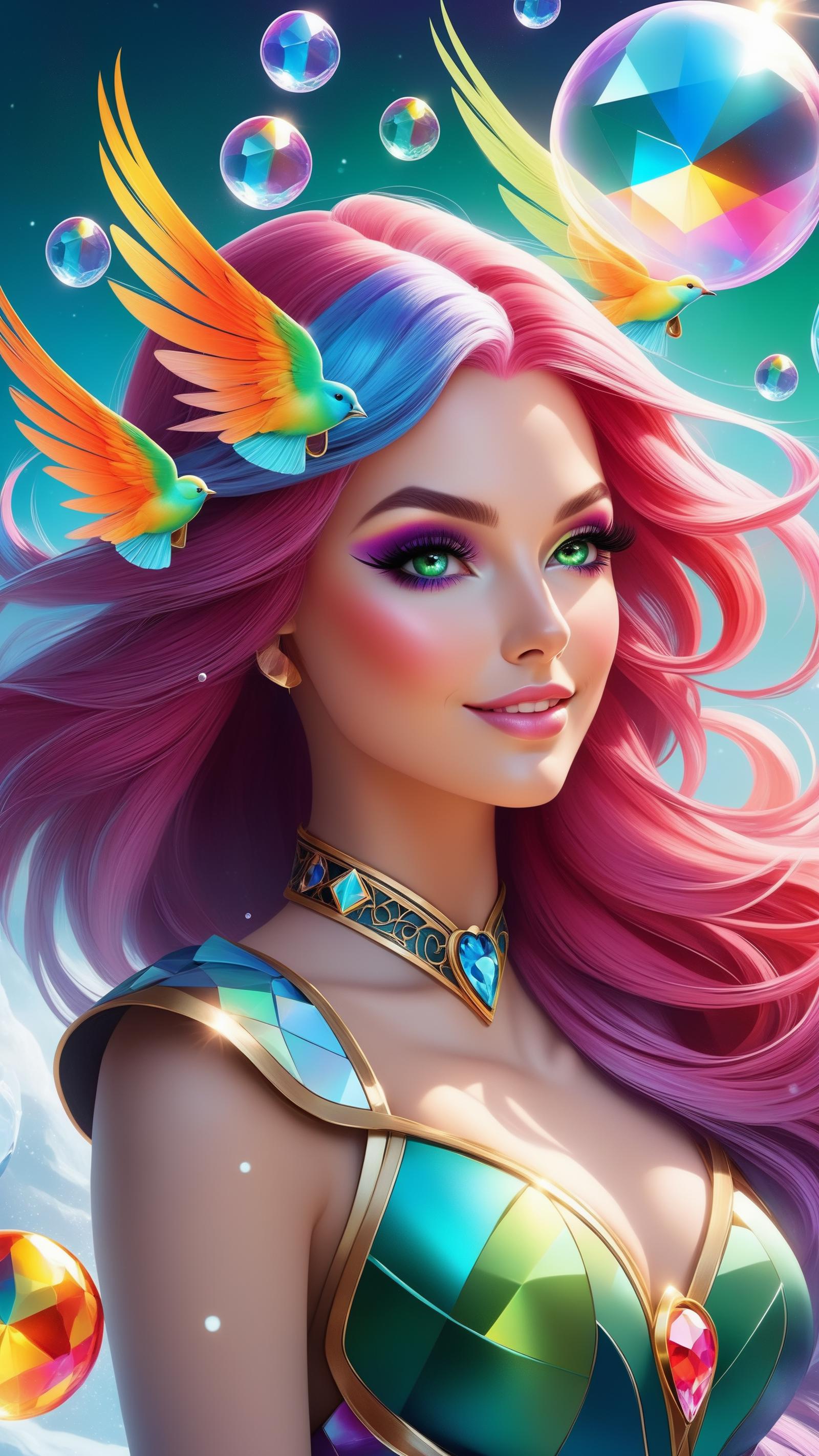 Pink-haired cartoon girl wearing a gold necklace and a blue gem.