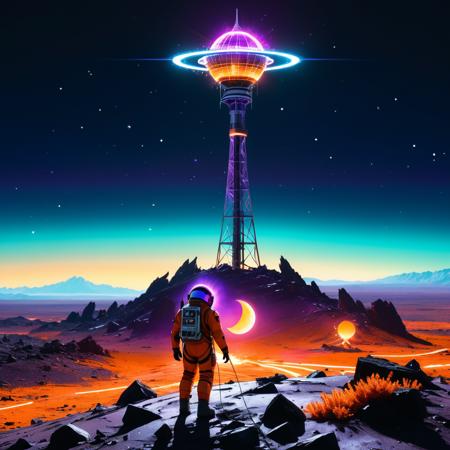 tiny neon glass filaments, w0gf1l, 
A lone radio tower stands on a desolate planet, surrounded by jagged rocks and glowing flora. A figure in a tattered spacesuit climbs up the tower, clutching a damaged antenna. The sky is a kaleidoscope of deep violet and orange hues, with two eerie moons casting shadows. The atmosphere is charged, and static sparks crackle from the tower.
The ground is littered with debris from a crashed spacecraft, and strange alien creatures scurry in the shadows. The figure's visor reflects the chaotic sky, their expression resolute yet weary