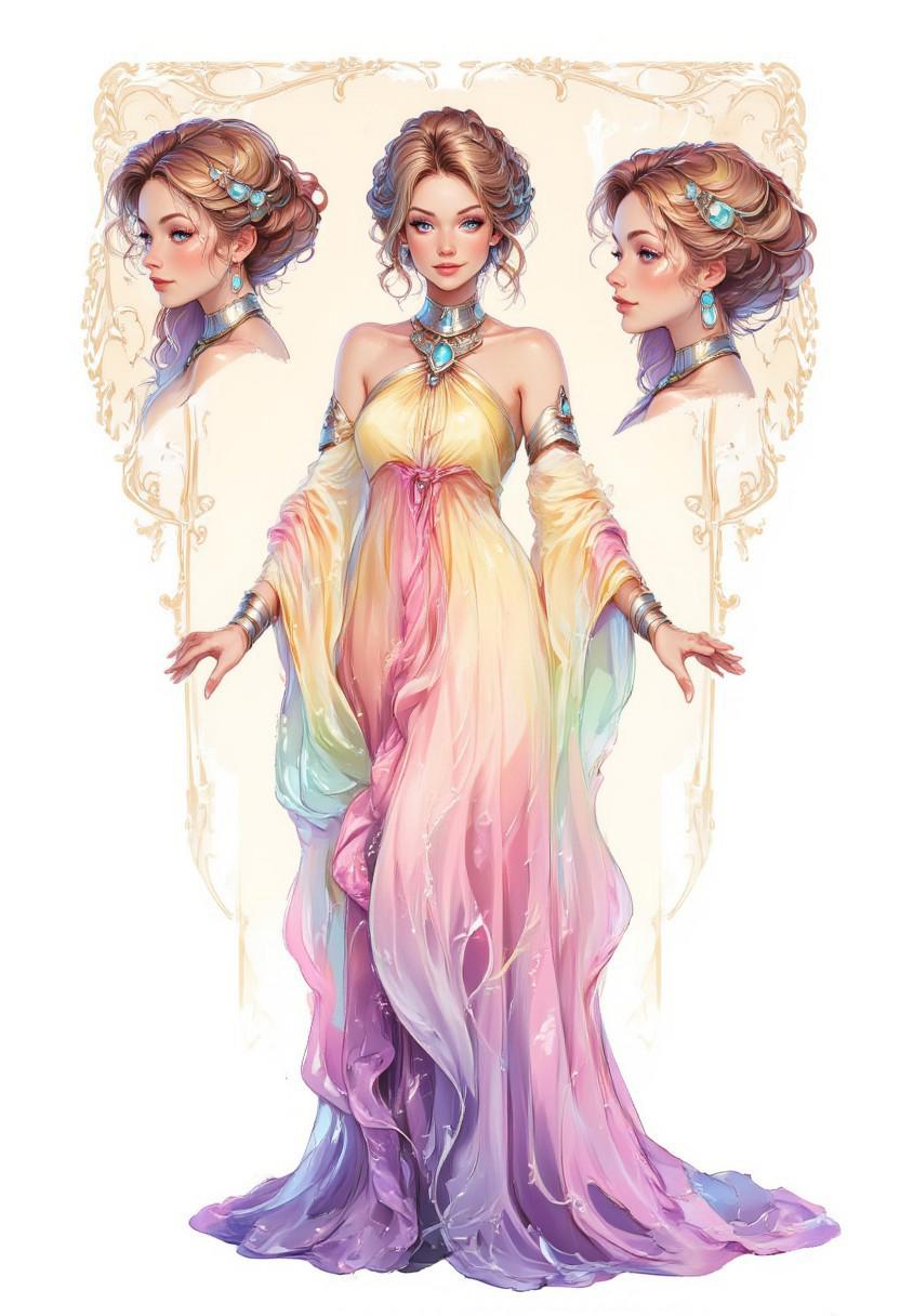 CharacterDesignFLUX, reference sheet,white background,simple background,multiple views, upper body, front, from side, color palette reference, a woman in an elegant flowing gown. wearing Padme Amidala Naboo Lake Dress, the dress is flowing off-the-shoulder high neck gown with a color gradiant from pale yellow to lavender, dress is connected to a large metal choker, metal arm bands, long flowing sleeves with bottom of the sleeves tied together in knot on front of dress. The woman stands in the center of the image facing forward with a serene expression. She has light brown hair styled in an updo with a few loose strands framing her face. Her eyes are a soft blue and her lips are a natural pink. The background is a light cream color with ornate curving lines and flourishes that echo the Art Nouveaue style. The overall effect is one of grace and elegance with an ethereal dreamlike quality., high_detailed, captured in high detail, full body portrait on left hand side, 2 upper body portraits on the right hand side