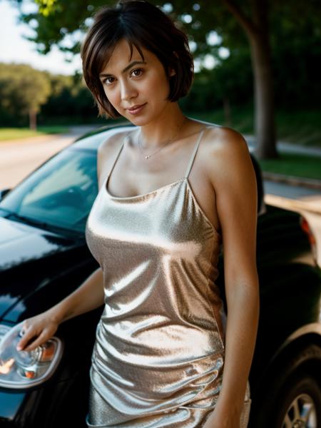 Realistic photo of a beautiful c4th3r1n3b woman,1girl,breasts,looking at viewer,smile,short hair,brown hair,dress,bare shoulders,brown eyes,upper body,outdoors,multiple boys,solo focus,day,blurry,lips,depth of field,blurry background,ground vehicle,motor vehicle,realistic,car,photo background, soft lighting, professional Photography, Photorealistic, detailed, RAW, analog, sharp focus, 8k, HD, high quality, masterpiece<lora:c4th3r1n3b:1.0>