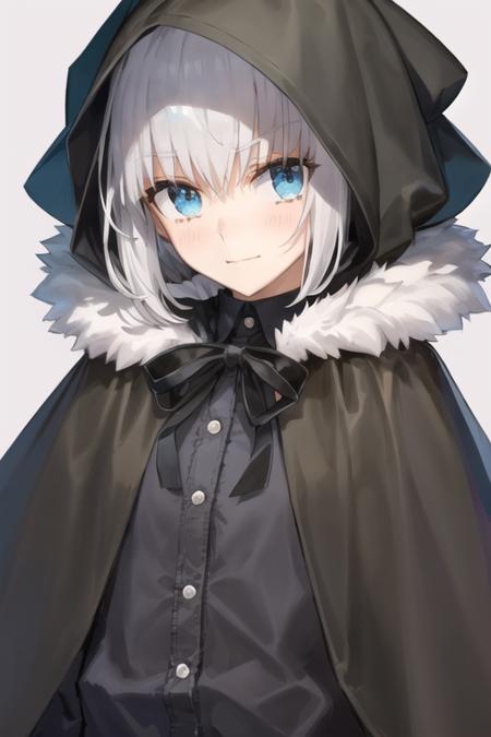 masterpiece, best quality, gurei, 1girl, solo, hood, looking at viewer, blush, hood up, fur trim, short hair, closed mouth, upper body, black ribbon, cloak, simple background, hooded cloak, smile, black shirt, <lora:gray_v2:0.7>, <lora:wadaFateLocon_v1:0.7>